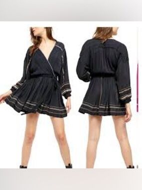 Free People Delilah Embroidered Wrap Mini Dress Midnight Blue size Small